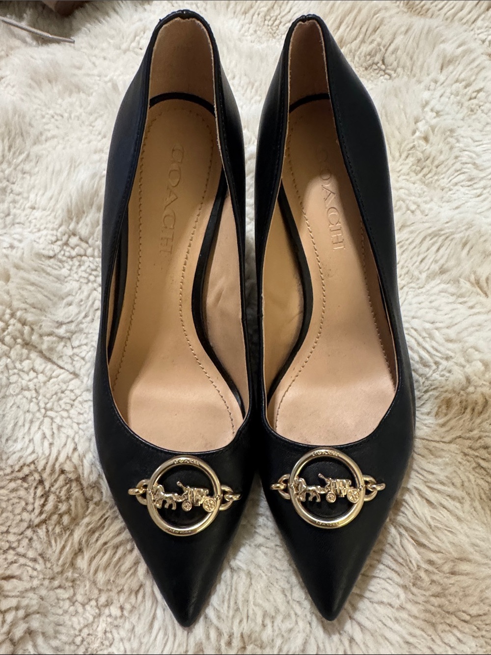 Coach Black Leather Pointed Toe Pumps with Gold Coach Emblem